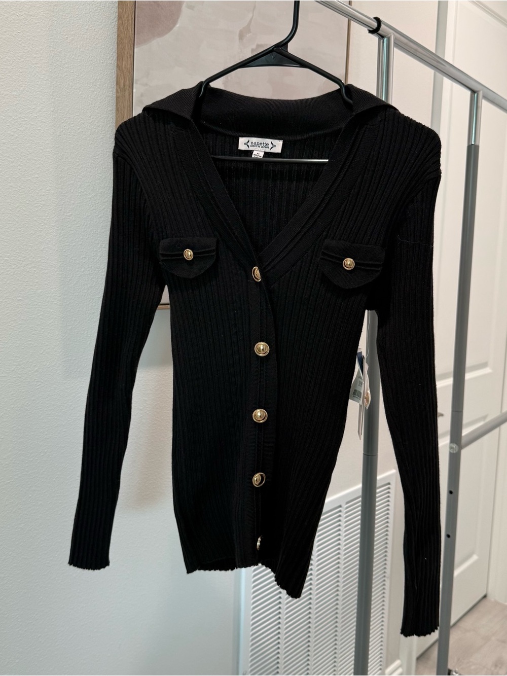 Nanette Lepore Black Ribbed Button-Front Cardigan with Gold Buttons